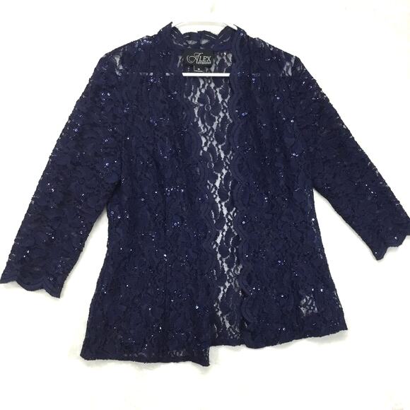 ALEX EVENINGS Sequined Lace Sheath Navy Blue Dress and Jacket Sz 10 - Picture 8 of 13